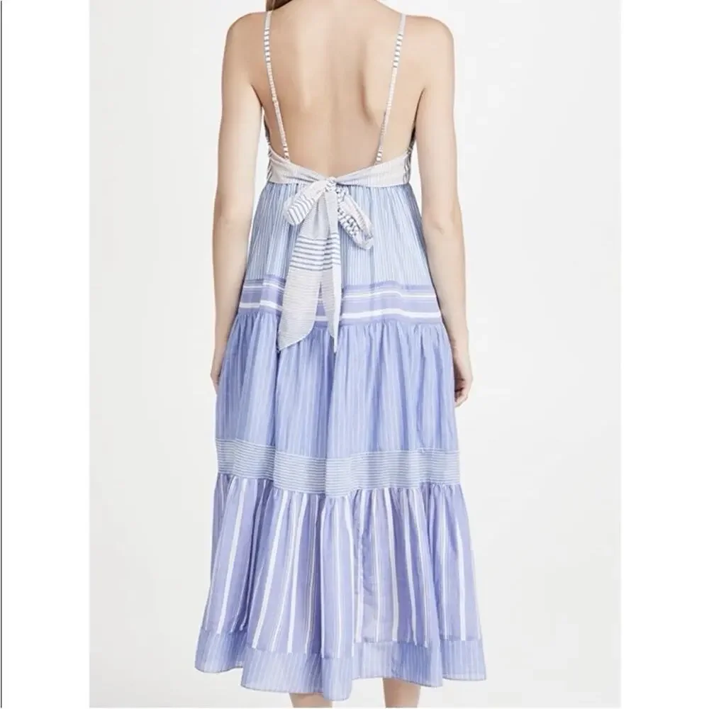 LE SUPERBE Blue White Striped V-Neck Tie Back Strappy Midi Sundress Women’s XS